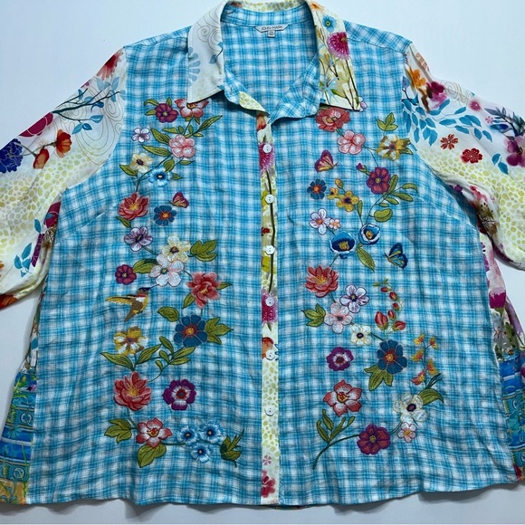 John Mark Tops - John Mark Linen Blouse Top Womens Size 2X Blue White Floral Embroidered Boho